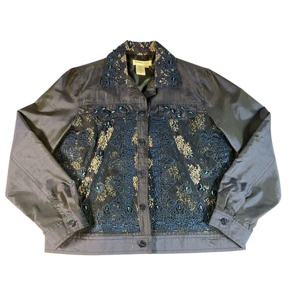 Coldwater Creek Silk Blend Shantung Jacket Size Small Embroidered Blue - Picture 6 of 10